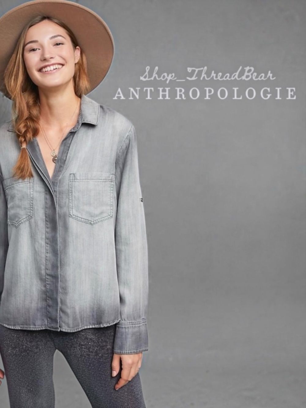 EUC {Cloth & Stone · Anthro} Gray Chambray Button Down Top Collar Shirt | Small